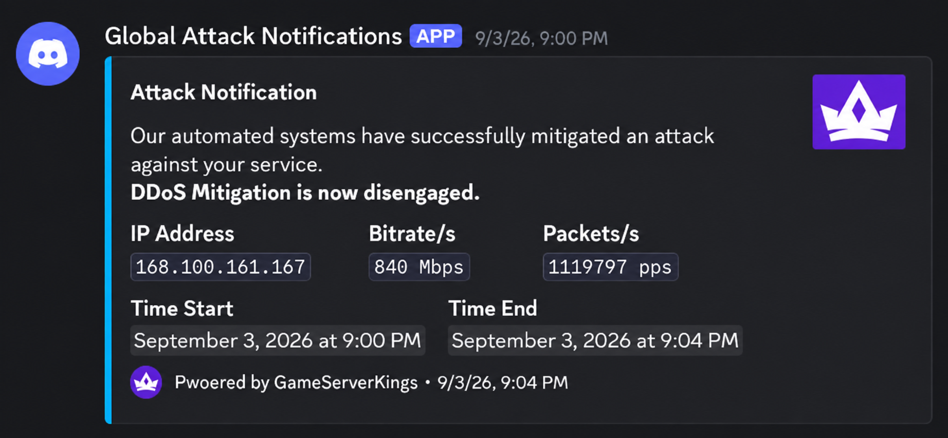 Real-time GameServerKings DDoS mitigation notification confirming that an attack against Roat Pkz was successfully blocked.