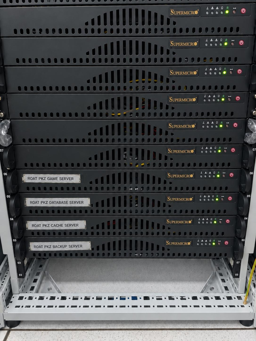Roat Pkz game, database, cache, and backup servers in a server rack at GameServerKings.